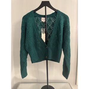 NWT's Pink Rose Green Cropped Cardigan Open Knit M Lace Button Front Sweater